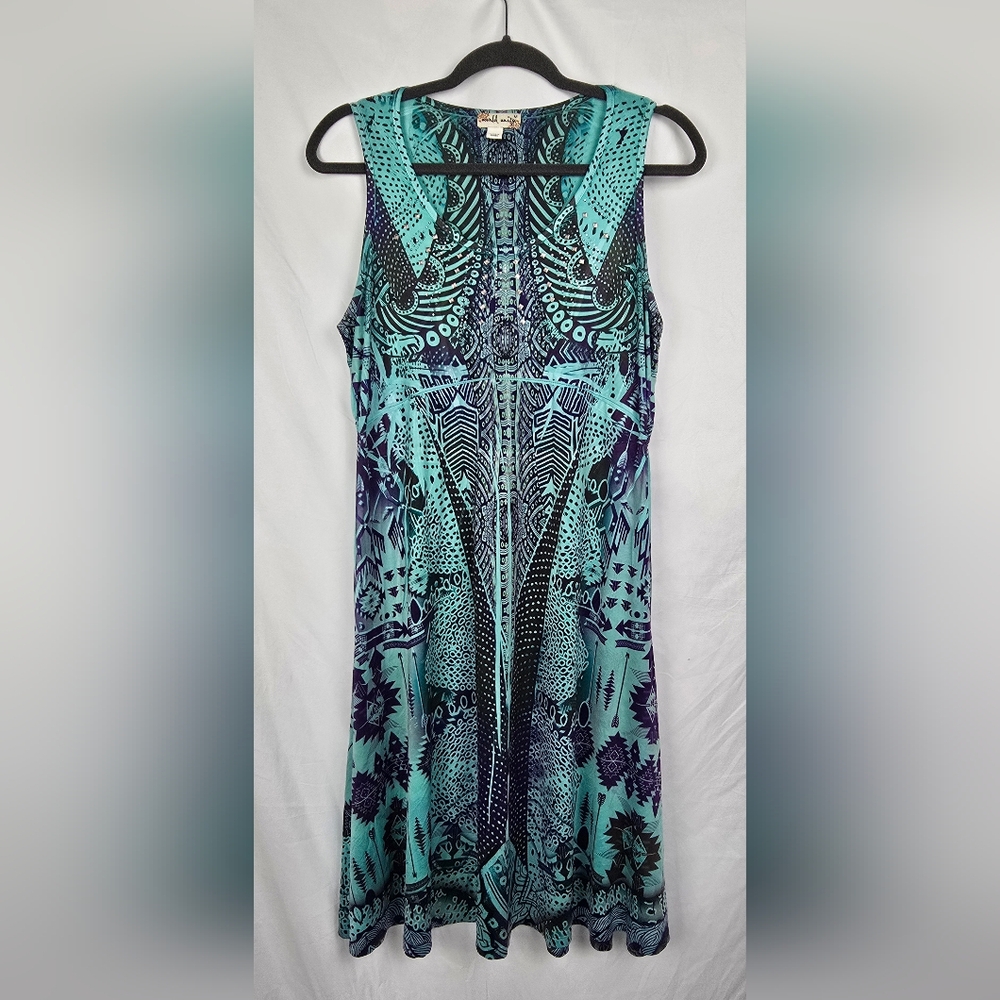 World Unity Boho Studded Sleeveless Jersey Knit Swing Dress Women's sz M